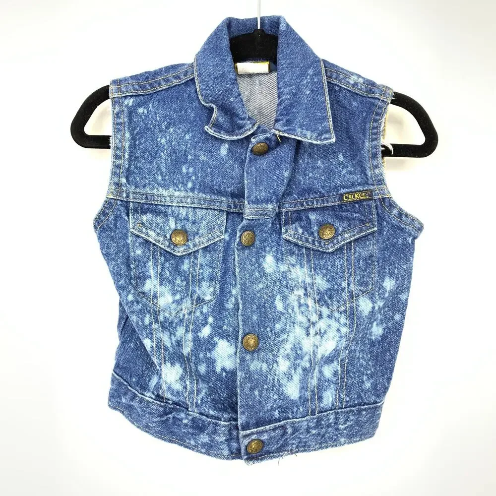 VTG OshKosh B'Gosh Kids Sz 5 Denim Vest Jacket Blue Bleach Distressing